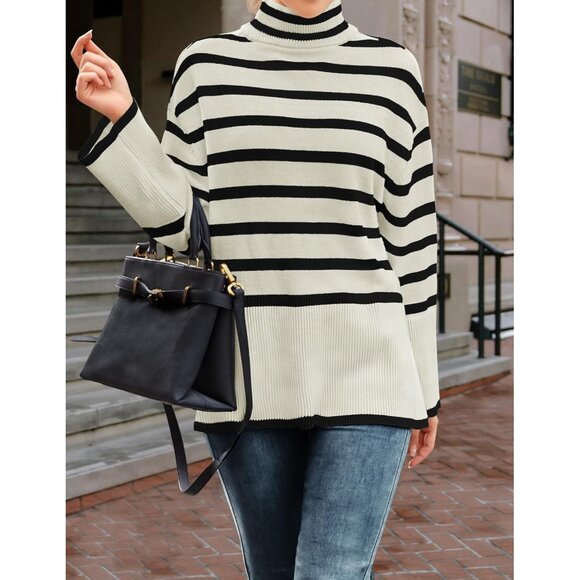 Women's Winter Turtleneck Sweater Casual Stripe Long Sleeve Pull Over Top - Picture 7 of 8